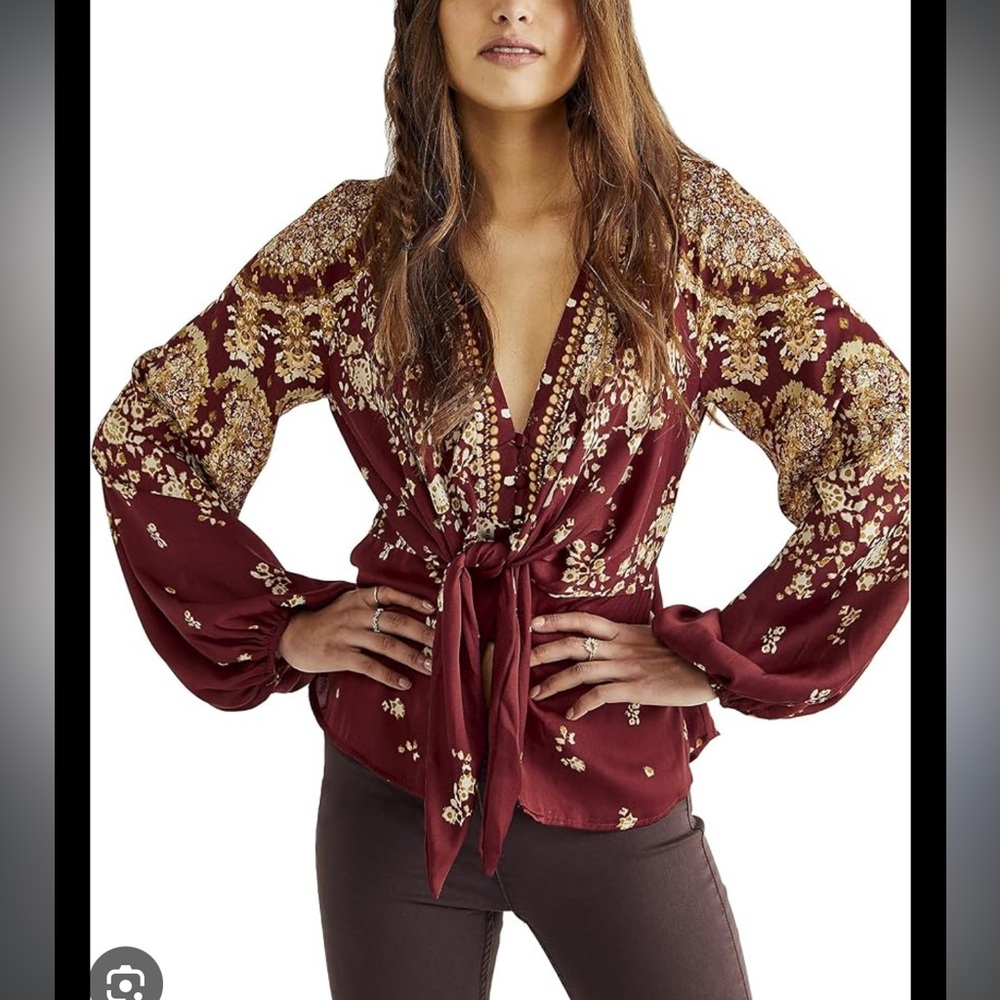 Free People Burgundy and Gold Floral Tie-Front Top